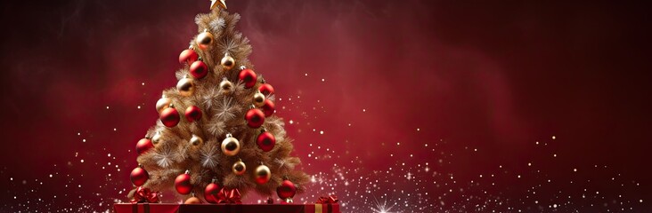 christmas tree on a red background with decorations