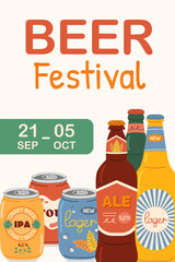 Event poster for beer festival. Colored hand drawn poster with different beer types in aluminum cans and glass bottles.