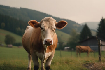 Naklejka na ściany i meble cow lifestyle on a green farm