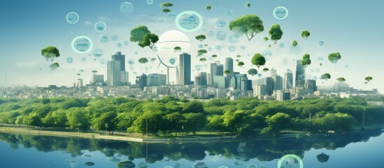 Modern cityscape with green trees and skyscrapers