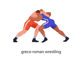 Fototapeta premium Greco-Roman wrestling. Wrestlers fighting, competing. Sport fighters in battle, combat, competition. Athletes sparring match. Martial art. Flat vector illustration isolated on white background