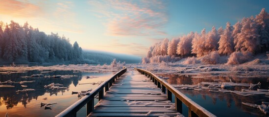 Obraz premium Winter landscape with frozen river and wooden bridge at sunset. Panorama