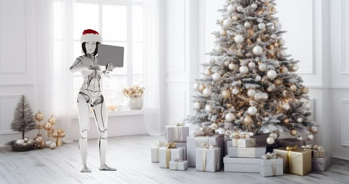 A robot with a laptop is standing by the Christmas tree. The cyborg robot is standing in the Christmas living room.
