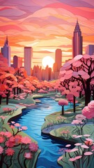 New York Central Park Seasons Paper Cut Phone Wallpaper Background Illustration
