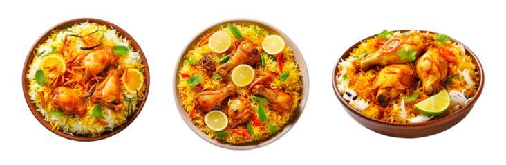 Set plate delicious vegetable chicken biryani cut out isolated on transparent background