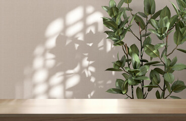 Blank brown wooden counter table in sunlight, Chinese round window grill shadow on beige fabric...