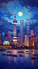 Shanghai Bund at Night Time Paper Cut Phone Wallpaper Background Illustration	
