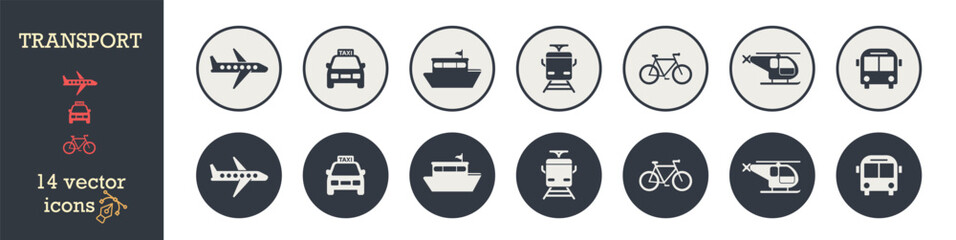 Transport icons. Airplane, truck, Public bus, Train, Ship/Ferry and auto signs.
