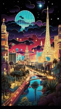 Las Vegas Strip Sunset Paper Cut Phone Wallpaper Background Illustration	
