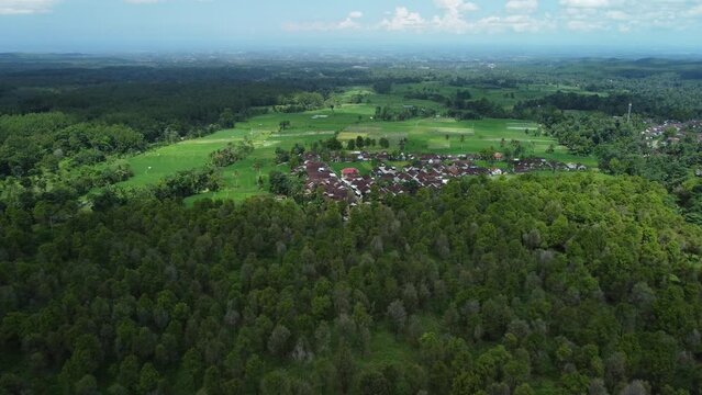 Aerial View Over Baju Kidul Scenic Landscape with Forest Trees and a Small Village in East Java, Indonesia