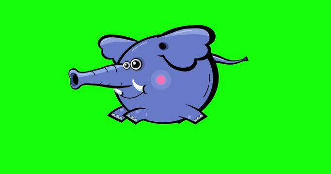 Cartoon blue elephant animation black outline running in place greenbox. Animated character isolated chromakey. Good for any material for kids, adverts, etc...