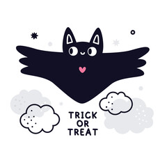 Happy Halloween cute vector card with cartoon bat, stars, cloud in flat style. Halloween lettering quote. Cartoon Halloween characters for kids prints, poster, invitations