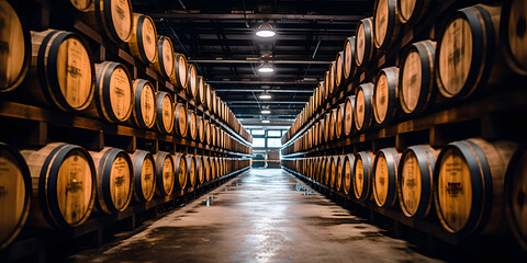 Whiskey bourbon scotch wine barrels in an aging facility - obrazy, fototapety, plakaty