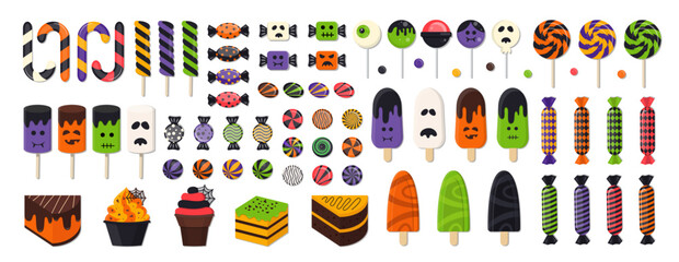 Halloween Sweet Candies, Desserts and Ice Cream Vector Set. Collection of Spooky Monster Sweets, Lollipops, Gumballs, Sugar Caramel, and Twisted Marshmallows.