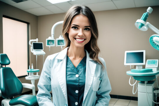portrait of a beautiful woman working as a dentist in the clinic, science concept, generative ai	