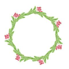 christmas pine tree branch and holly berry round frame