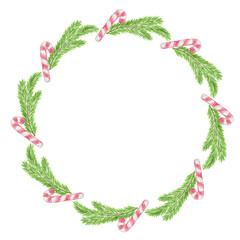 christmas pine tree branch and striped lollipop round frame