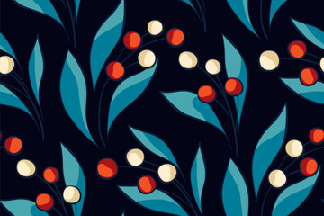 Seamless floral pattern, winter natural print with drawing berries. Cute botanical design with small hand drawn white, red berries, blue leaves on a dark black background. Vector illustration.