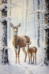 doe with fawn in winter forest - ai-generated