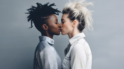 lesbian couple kissing - black woman and white woman with white clothes, white background