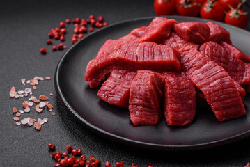 Fresh juicy raw beef slices with salt and spices