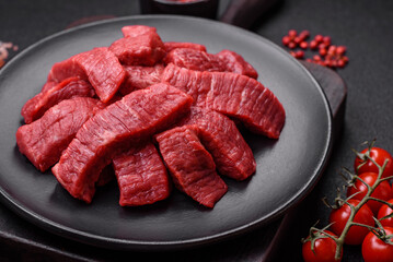 Fresh juicy raw beef slices with salt and spices