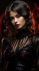 A glamorous vampire queen with blood-red lips, dressed in a flowing black and crimson gown, ready to make a striking entrance at the Halloween party.