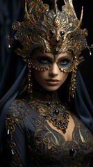 A mysterious and alluring masquerade ball attendee, her face hidden behind an ornate mask, leaving room for curiosity and intrigue.