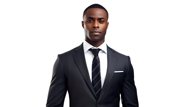 Portrait of a black business man in a black suit, white background