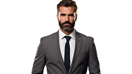 Portrait of a business man with beard in a grey suit, white background