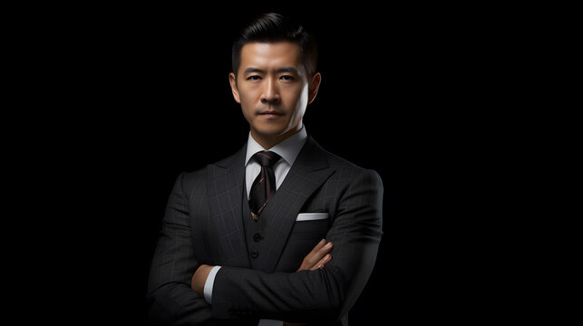 Portrait of an asian business man in a black suit, black background