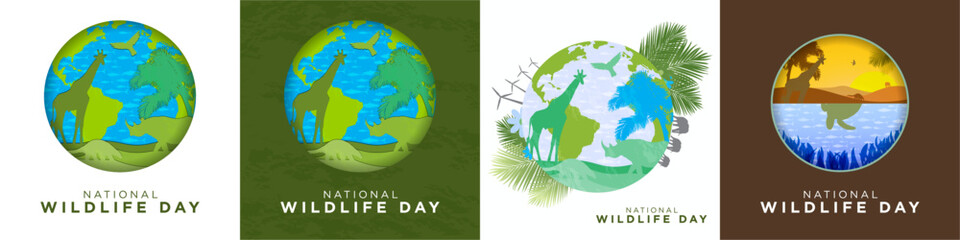 Set of National Wildlife Day Artworks. Paper origami concept of animal silhouettes, and earth background. Editable Vector Art. 
