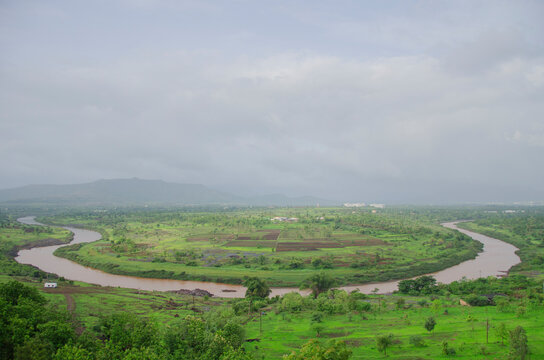Nacklace point. Beautiful and colorful landscape. Velvandi river forms an Ox-Bow or necklace shape at this place near Bhatghar Dam, Bhor, Pune, Maharashtra, India, Asia.
