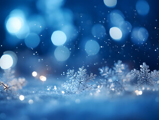 Fototapeta na wymiar Festive Christmas twinkling lights snowflakes deep blue backdrop