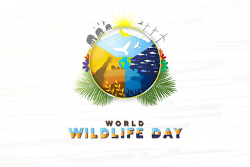 World Wildlife Day Banner Design. World's Wildlife emblem concept design in paper art origami style. Vector Illustration. 