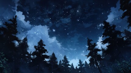 Silhouettes of trees in a dark night forest. Cartoon illustration background of forest at night.