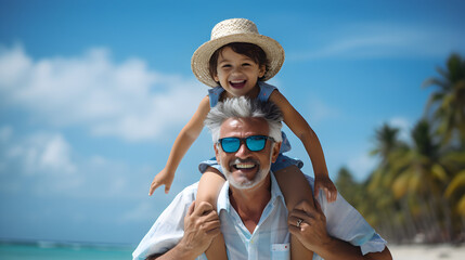 Grandfather Carries Grandson On Shoulders in the beach , created by generative AI technology