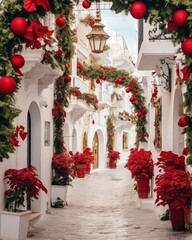 a beautiful mediterranean village street full of christmas decoration - ai-generated
