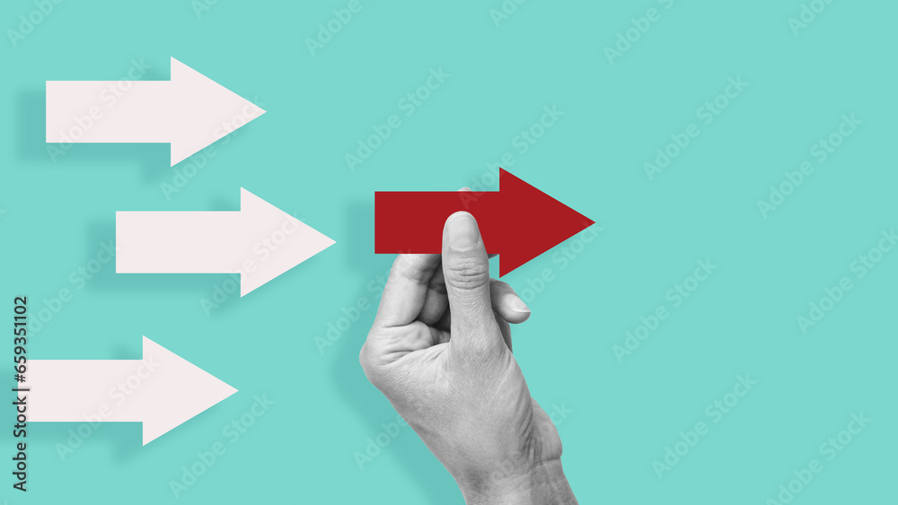 Aufkleber symbol of following the leader straight to the goal. white arrows follow one red arrow