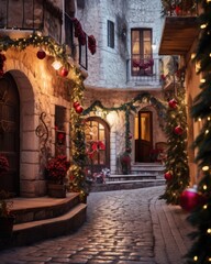 Fototapeta na wymiar a beautiful european village street full of christmas decoration - ai-generated