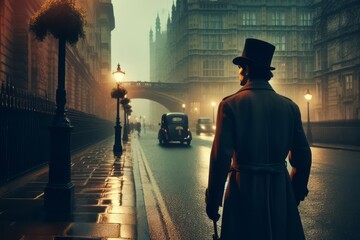 a Victorian era private detective walking through the streets of London on a moody evening