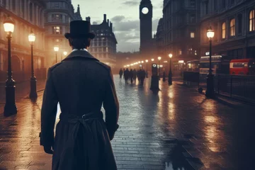 Fotobehang a Victorian era private detective walking through the streets of London on a moody evening © ProArt Studios