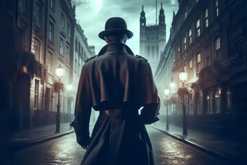 a Victorian era private detective walking through the streets of London on a moody evening - obrazy, fototapety, plakaty