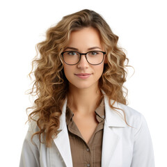 Female doctor portrait isolated on white transparent background, Young woman wearing glasses, PNG