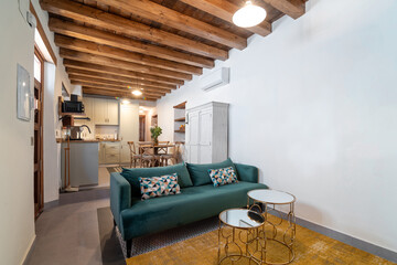 Bright kitchen and living room interior in contemporary rustic apartment