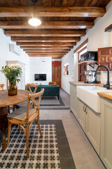 Bright kitchen and dining room interior in contemporary rustic apartment