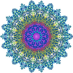 blue mandala pattern yellow and purple , dark background There is a dome and roof surrounding the outside. Gather together to form a mandala flower for decorative painting.