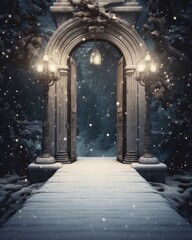beautiful arched doorway in a winter forest - ai-generated
