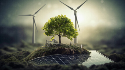 Compelling image of sustainable energy, with a focus on a tree adorned with an air turbine. Perfect for conveying the harmony of nature and renewable power. - obrazy, fototapety, plakaty