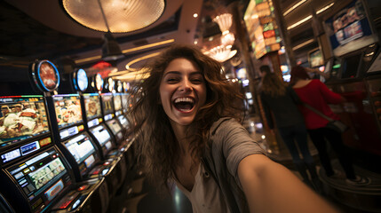 jeune femme qui se prend en selfie dans un casino devant des machines à sous - obrazy, fototapety, plakaty